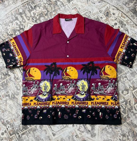 Pleasures Other - PLEASURES BEACH BUTTON DOWN SHIRT BURGUNDY Skeleton Beach Halloween Sz XXL